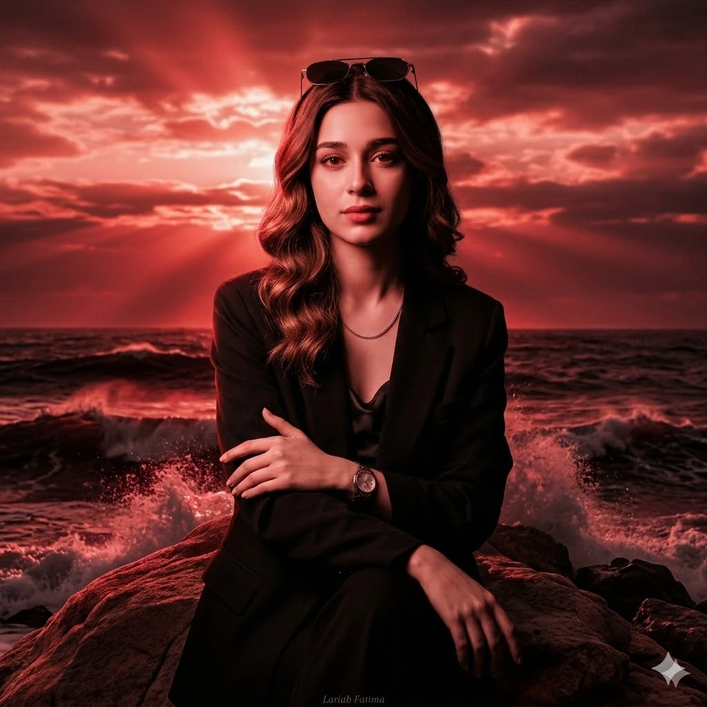 Red. Dramatic, broken cloud layers catch the intense light. The ocean sur...