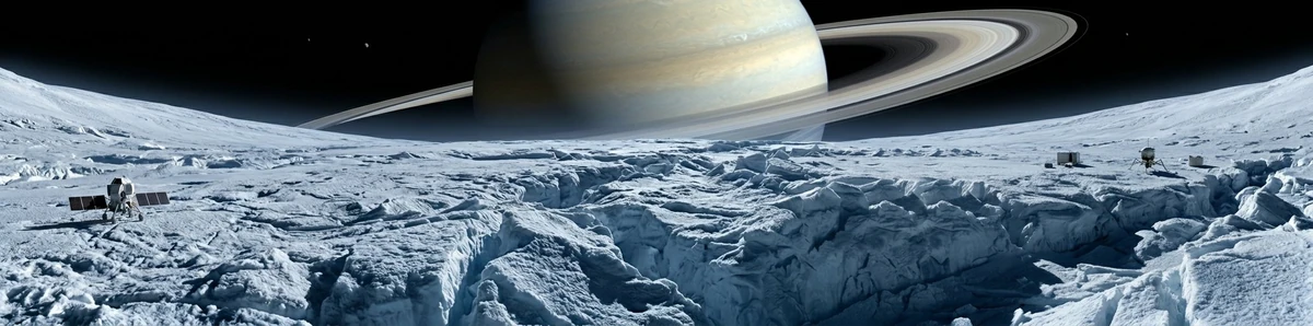 A 4:1 panoramic photo captured from the icy surface of Enceladus, showing...