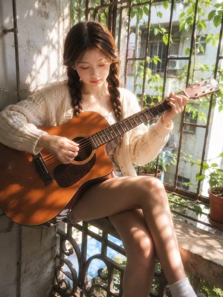 A soft balcony guitar portrait with sunlight, greenery, and a quiet youth...