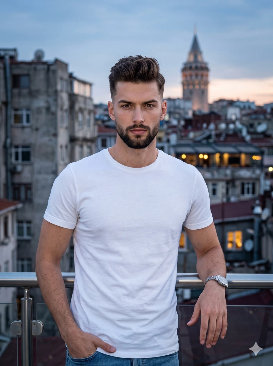 A portrait of a young male with a neat beard and short dark hair styled i...