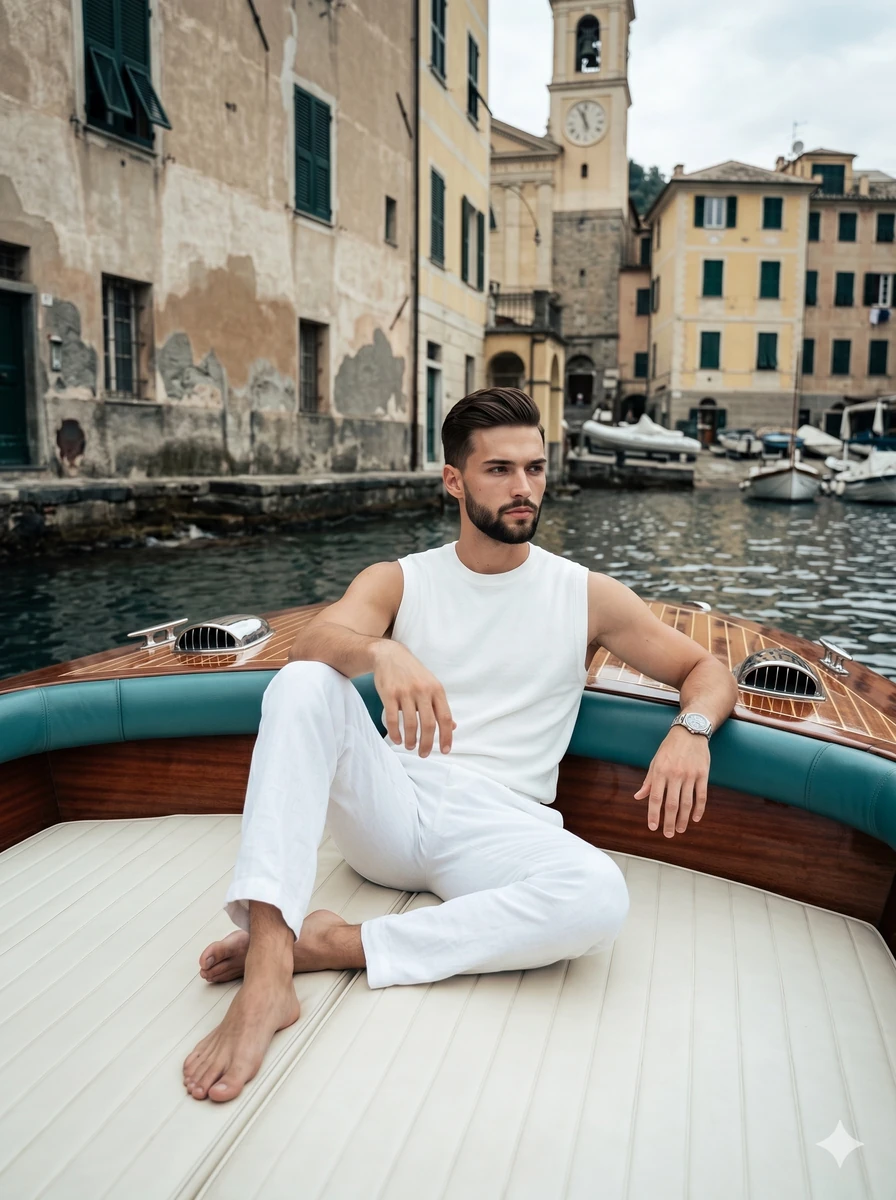 A young athletic man sits gracefully centered on an off-white paneled lea...