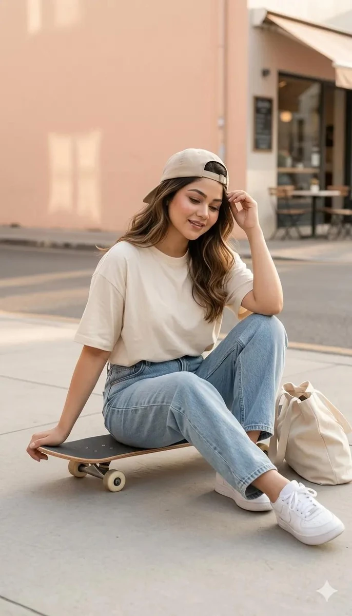 Ultra-realistic full body photo of a stylish young woman sitting sideways...