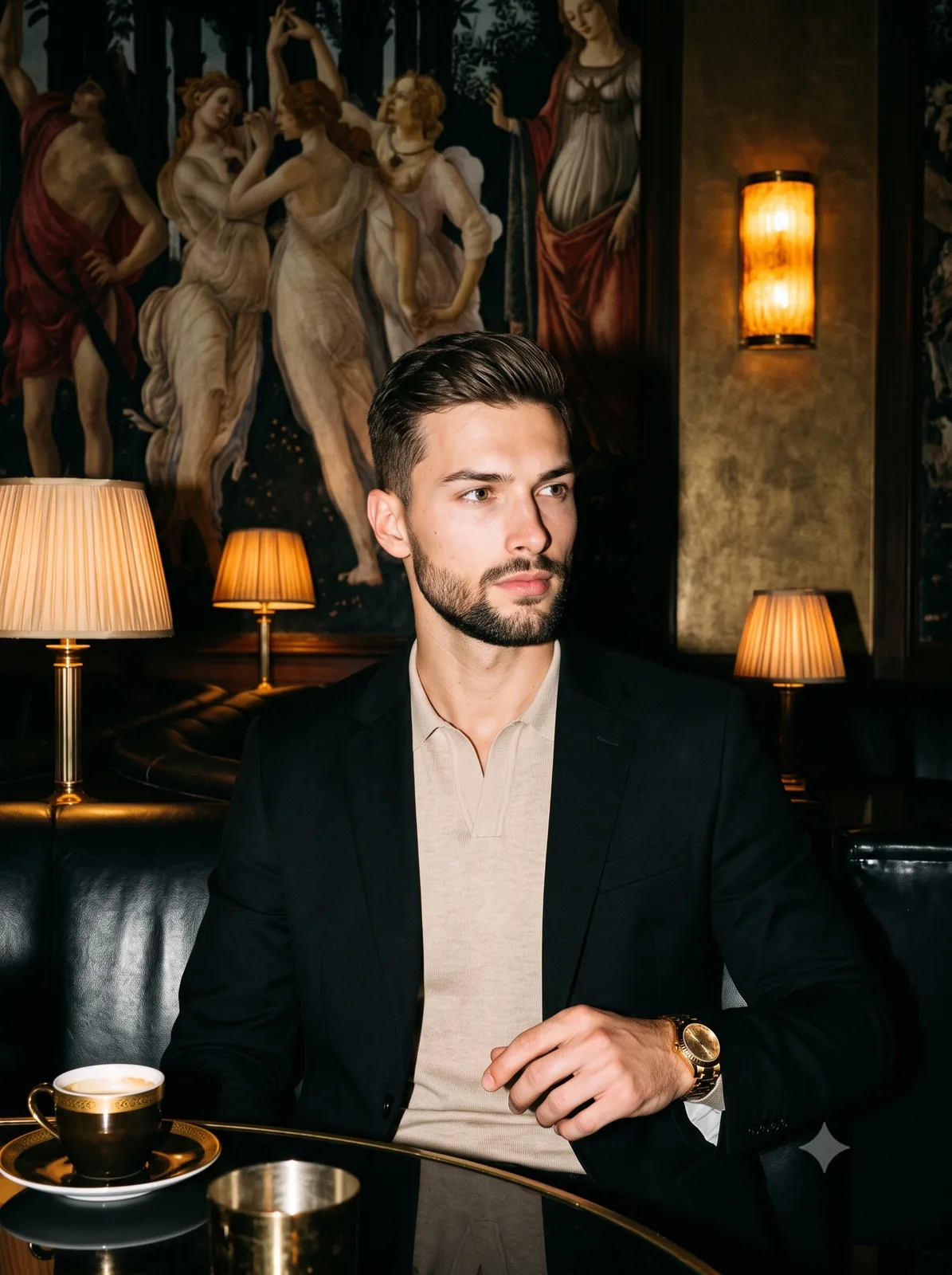 A handsome young man with subtly wavy, matte brown hair, light stubble, a...