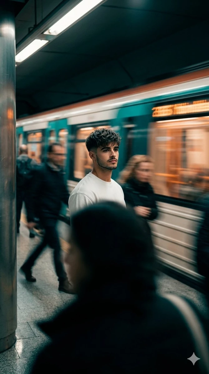 Cinematic urban scene of a man as per reference photo standing still on a...