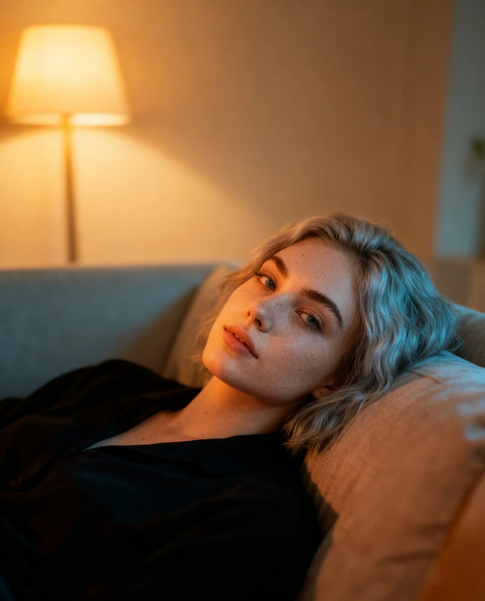 Edit the image so the same woman is lying comfortably on a soft couch, tu...