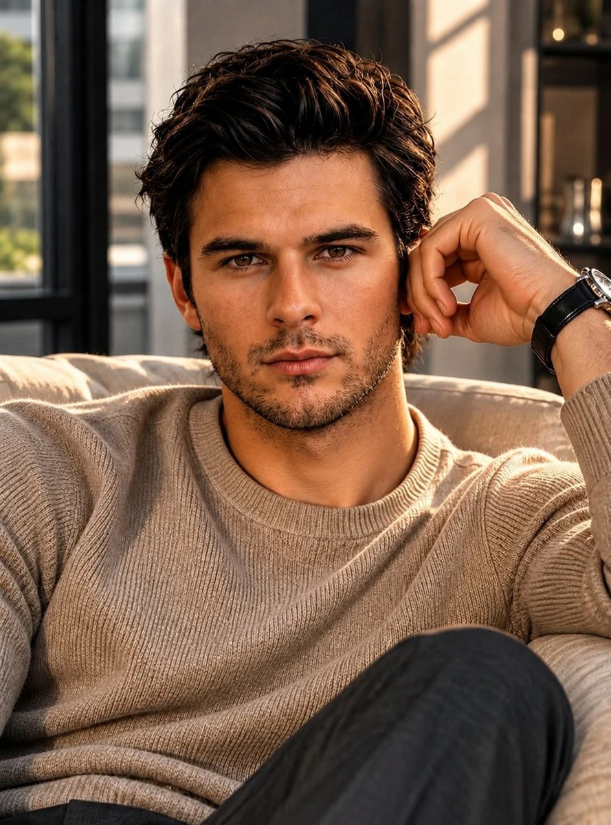 > Ultra-realistic cinematic portrait of a handsome young man sitting c...