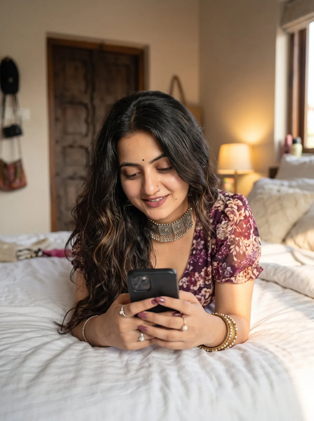 A beautiful young Indian woman in her mid-20s lying on her stomach on a b...