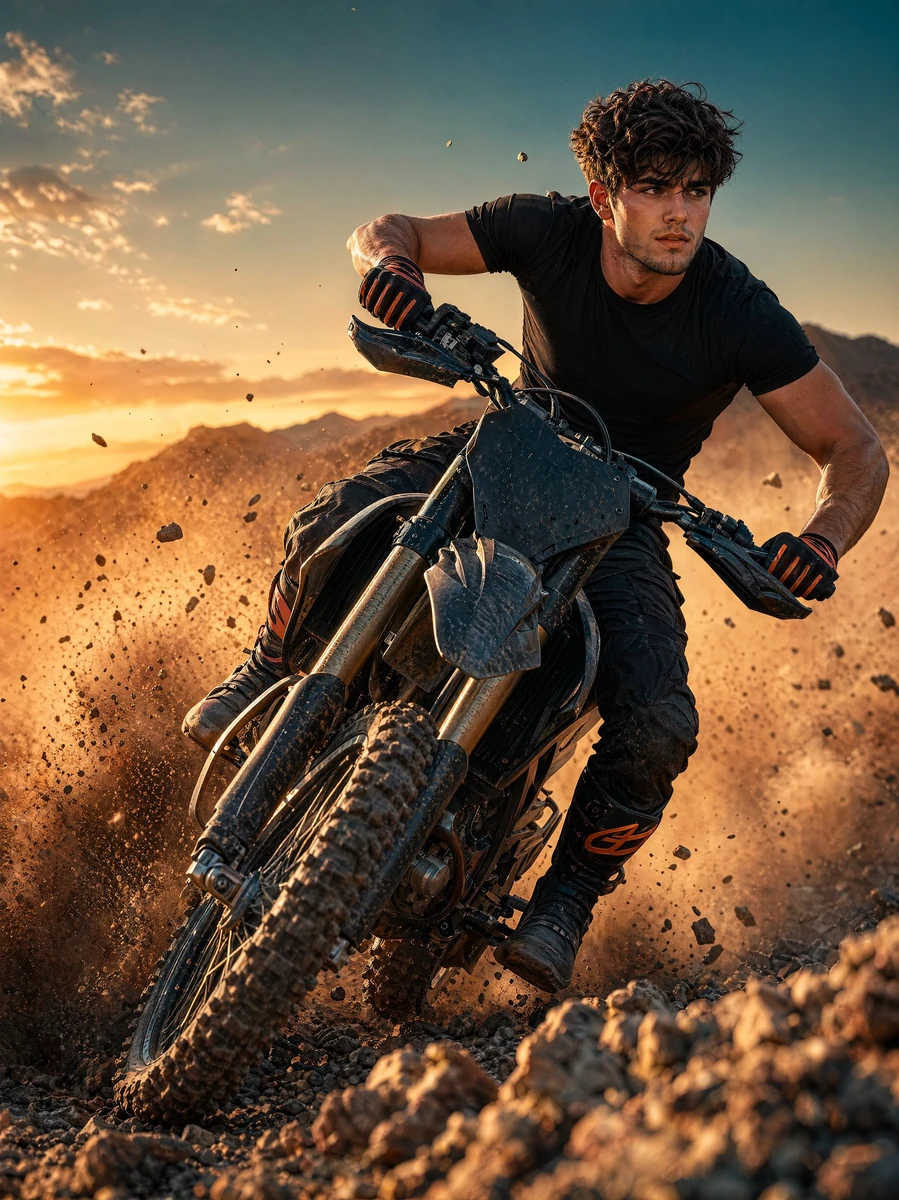 A cinematic high resolution action portrait of a young man riding a moder...