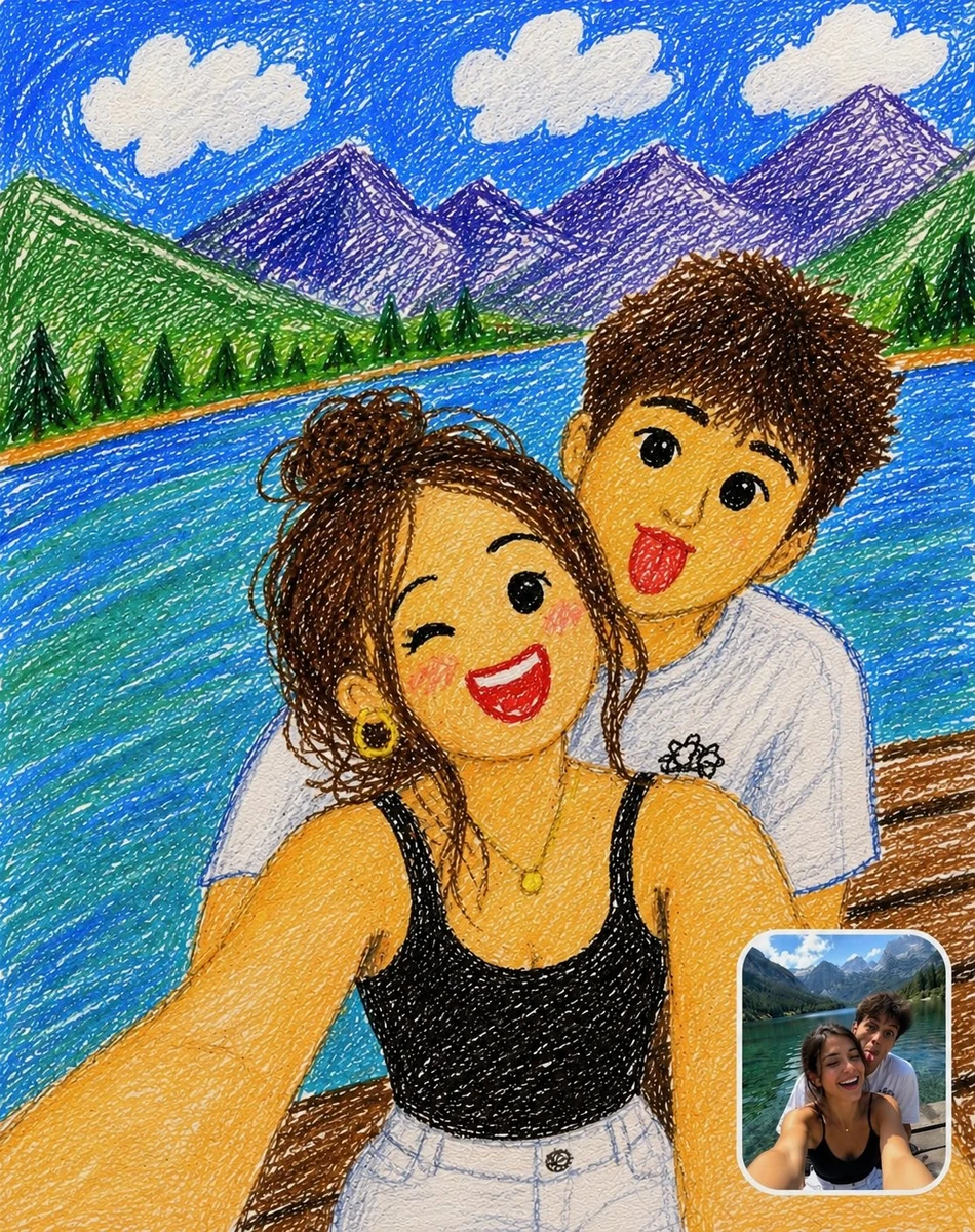 Transform the uploaded photo into a cute childlike crayon drawing while k...