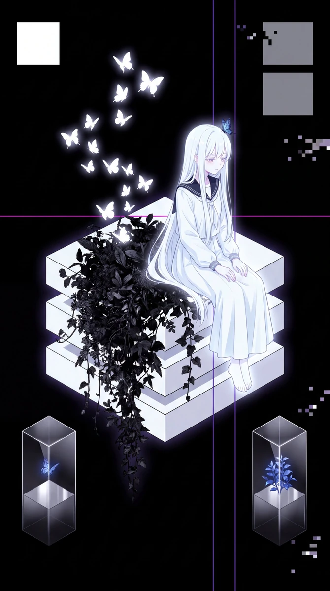 style": "Japanese contemporary digital illustration with heavy CRT/VHS gl...
