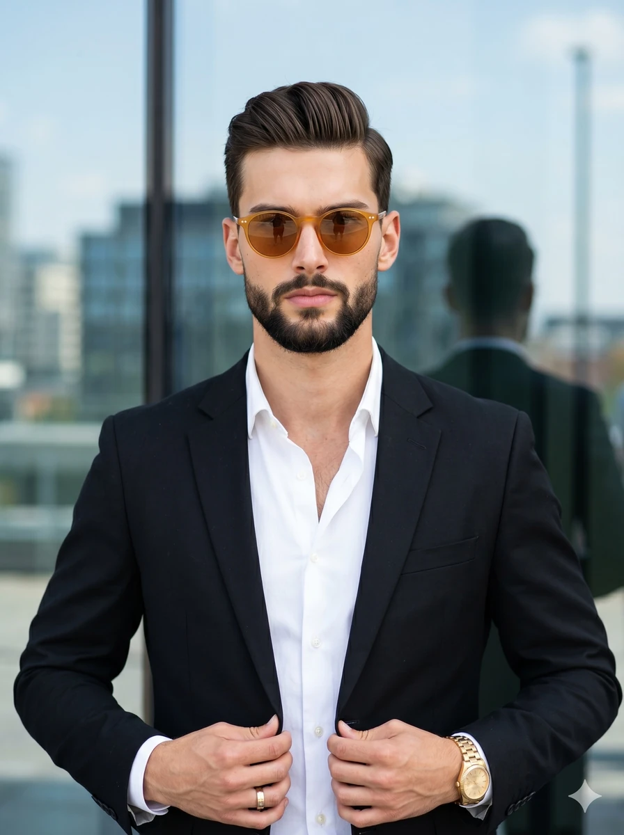 A stylishly dressed, bearded man stands perfectly centered, facing straig...
