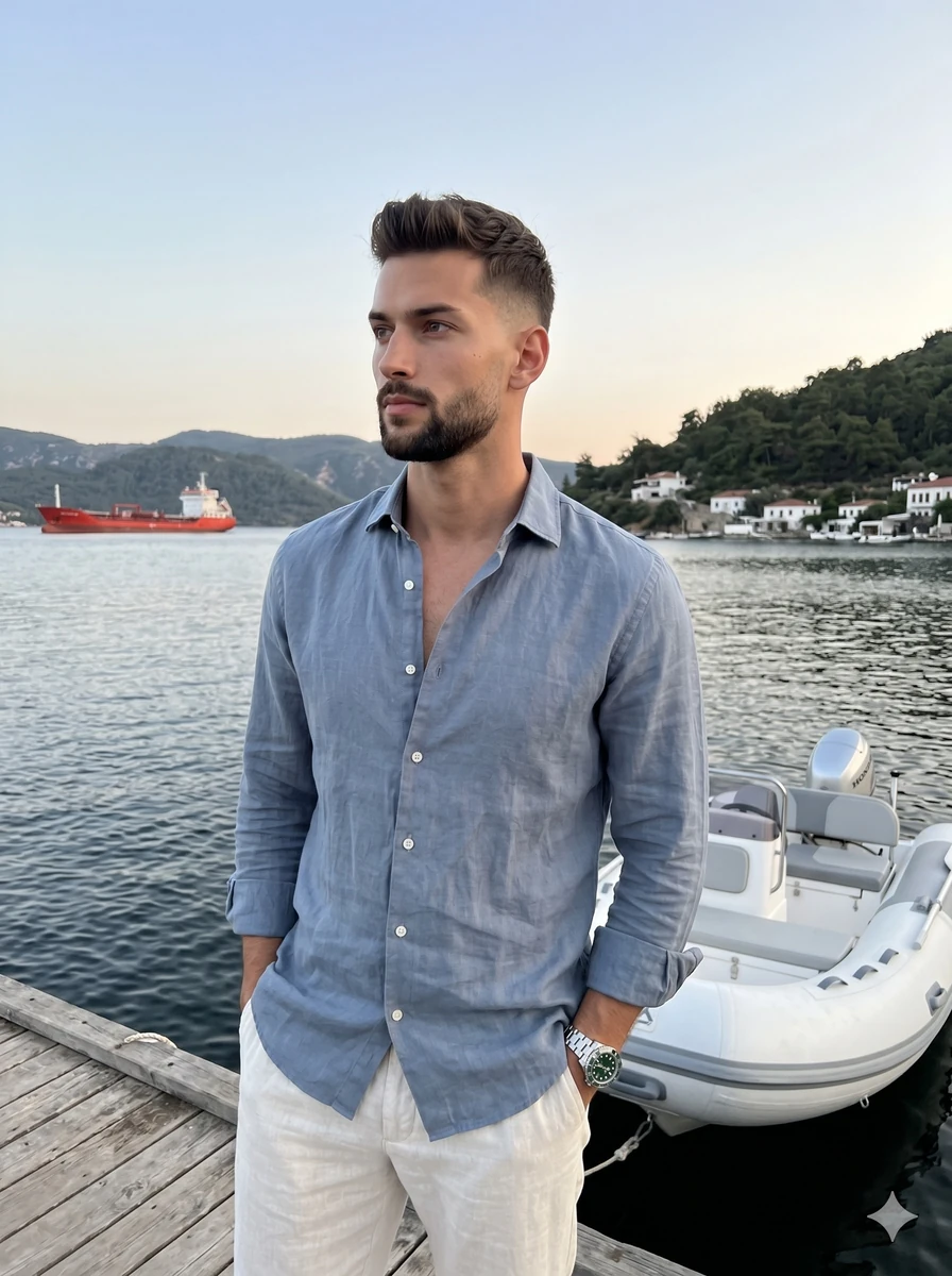 A serene, realistic lifestyle portrait captures a man in his late twentie...