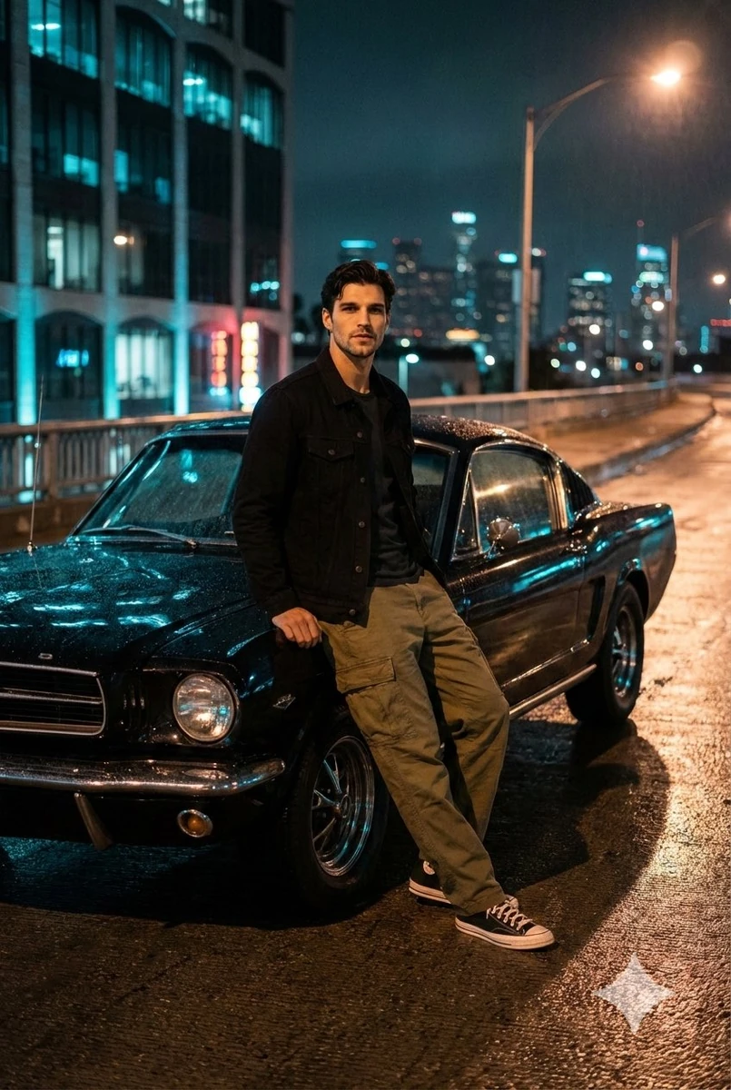A Cinematic Night Photo On A Dimly Lit Urban Overpass With A View Of The...