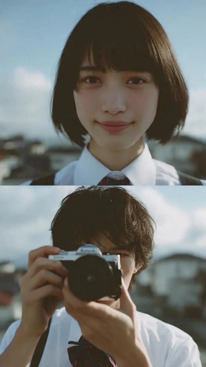 Cinematic diptych composition of a teenage boy and girl in Japanese schoo...