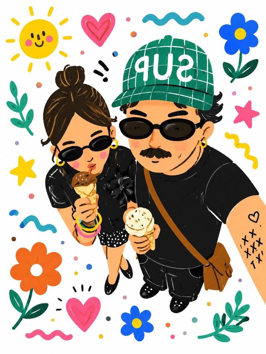 Turn this real-life selfie into a playful hand-drawn cartoon illustration...