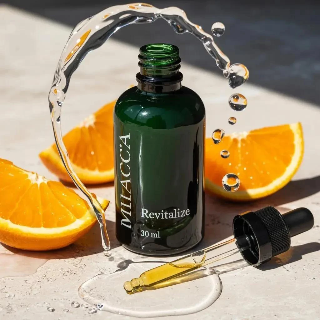 Ultra-realistic premium skincare serum bottle (dark green glass with drop...