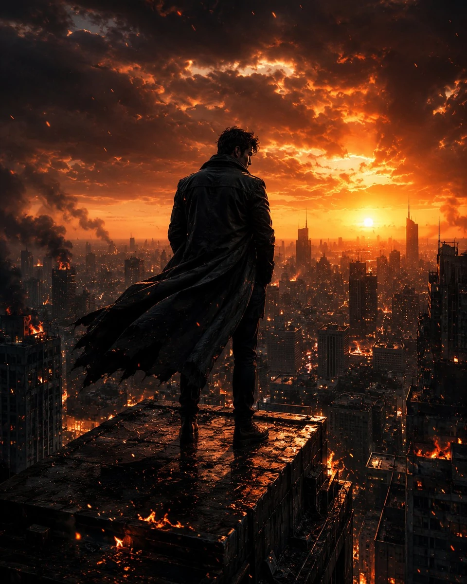 A rugged handsome man standing alone on top of a burning skyscraper at su...