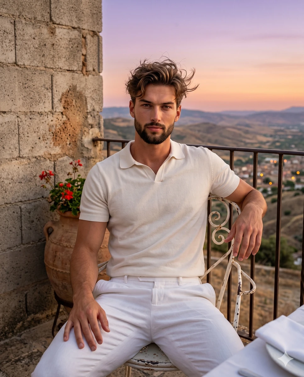 A confident young adult male with an athletic build sits squarely facing...