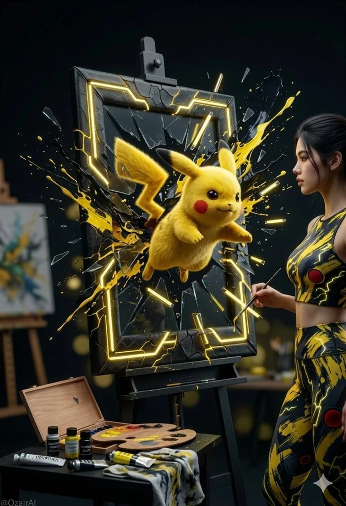 Cute Pikachu bursting out of a shattered canvas