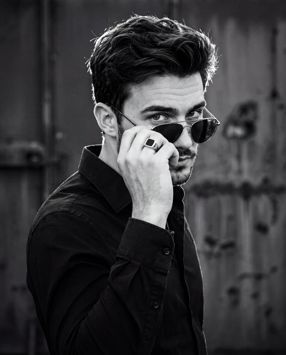 A cinematic high-contrast black-and-white portrait captured in a 4:5 vert...