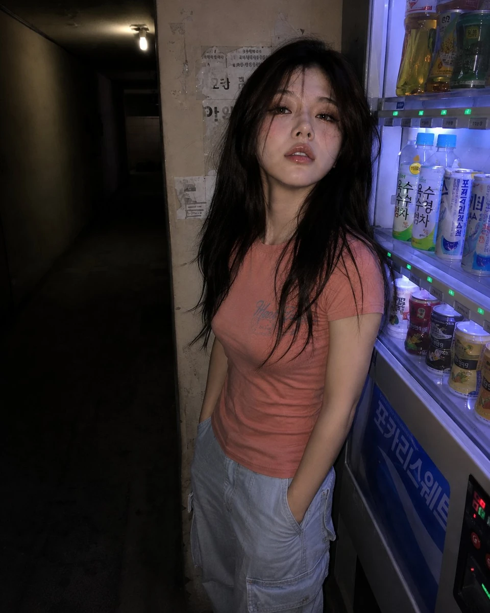 Ultra-realistic 4K candid photograph of a young East Asian woman standing...