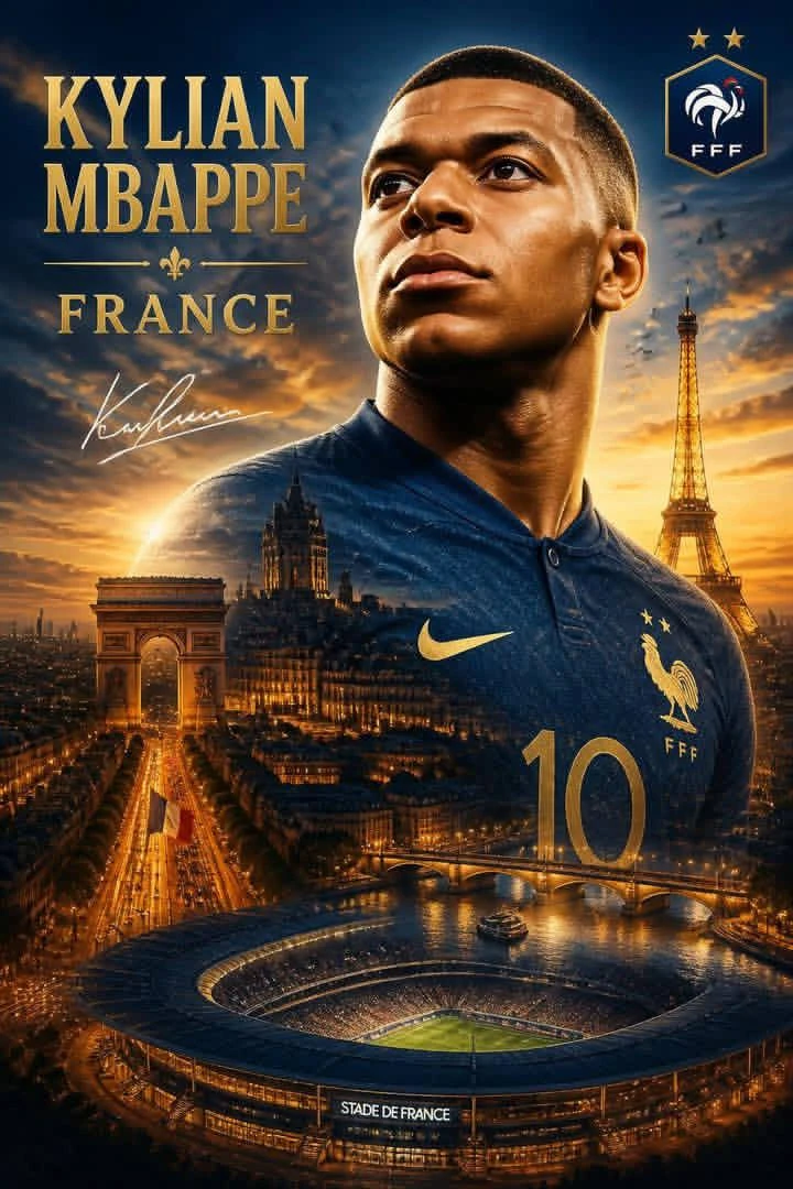 Ultra-detailed cinematic football poster featuring a world-class French f...