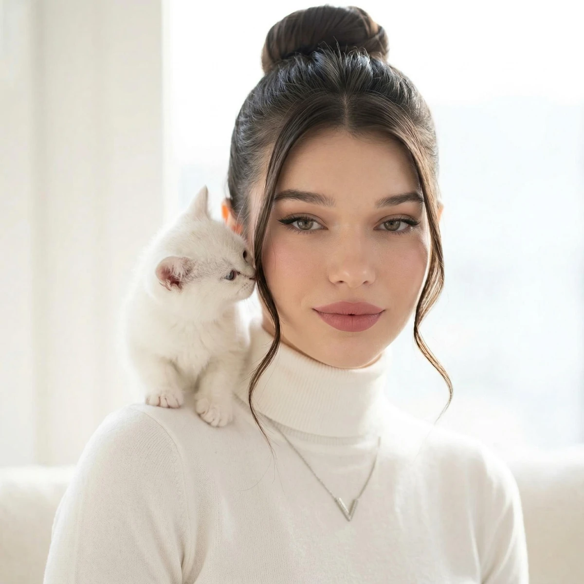 A hyper-realistic, 8K resolution portrait of a stunning young woman with...