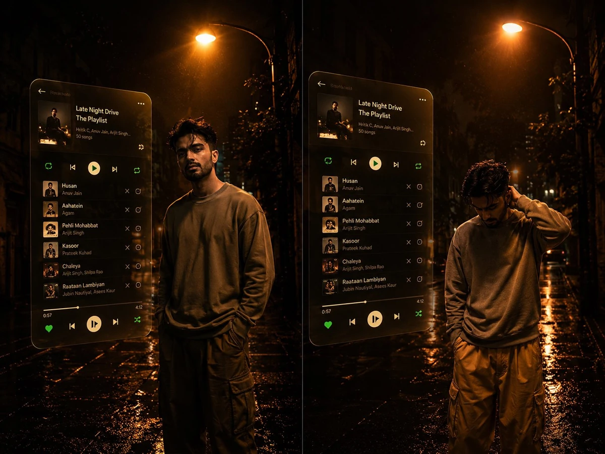 - Create a cinematic ultra-realistic nighttime urban portrait of a young...