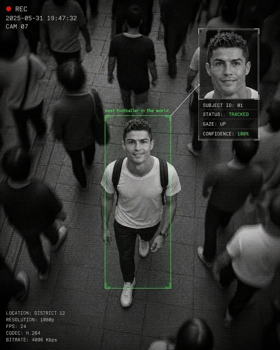 A CCTV-style surveillance footage of a crowded street scene from a high a...