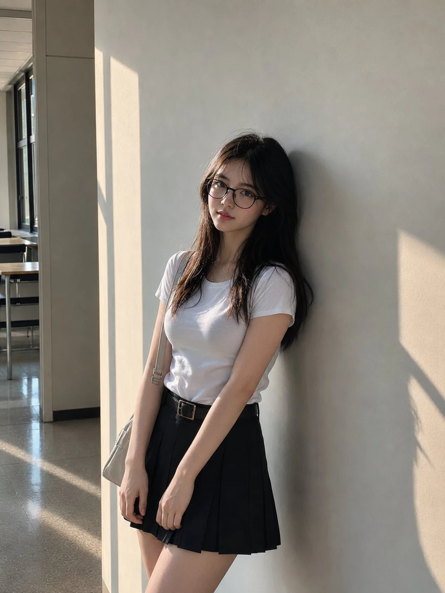 Ultra-photorealistic candid portrait of a young East Asian woman standing...
