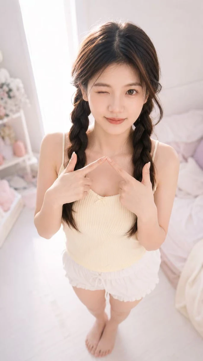Fresh high-angle indoor selfie style, soft and cute