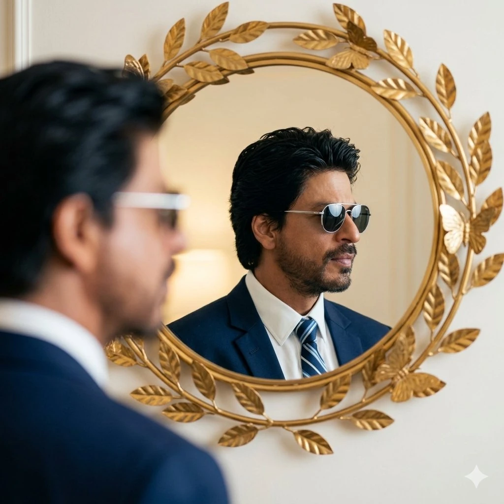 A highly detailed cinematic photograph of Shah Rukh Khan (SRK) standing i...