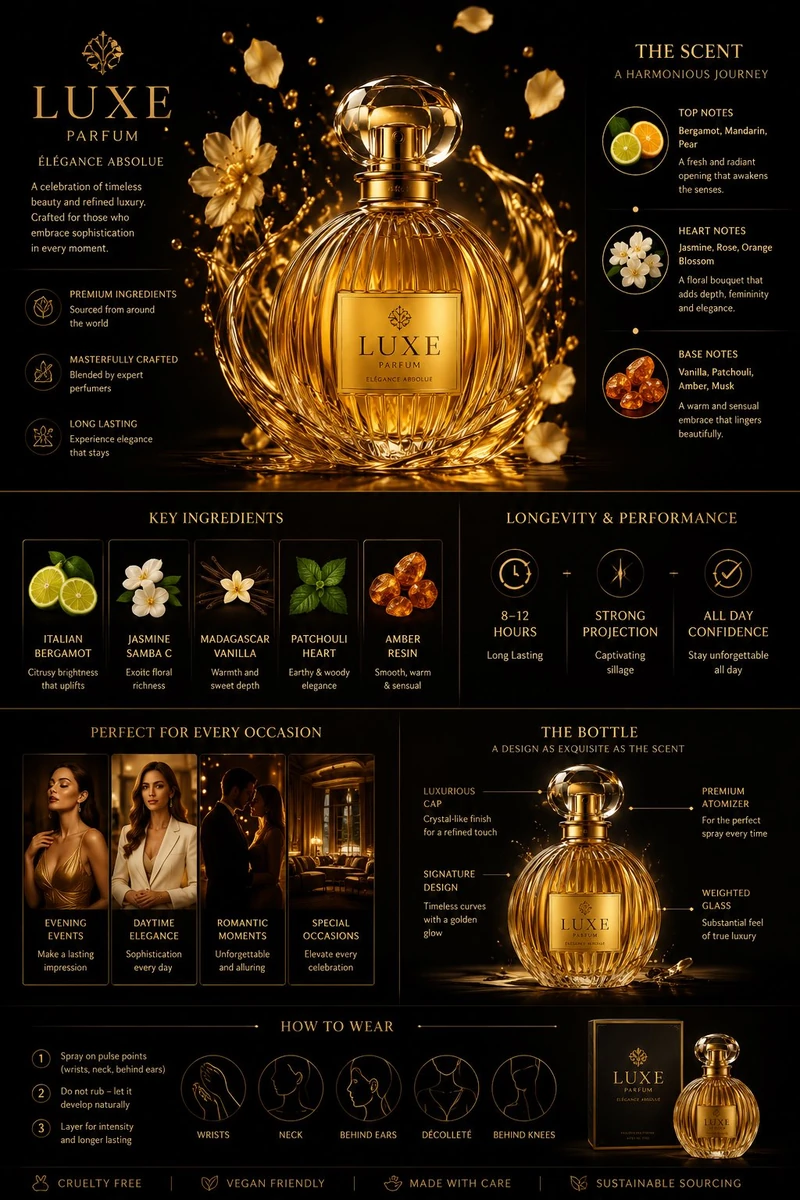 Ultra-premium luxury perfume infographic advertisement, centerpiece cryst...
