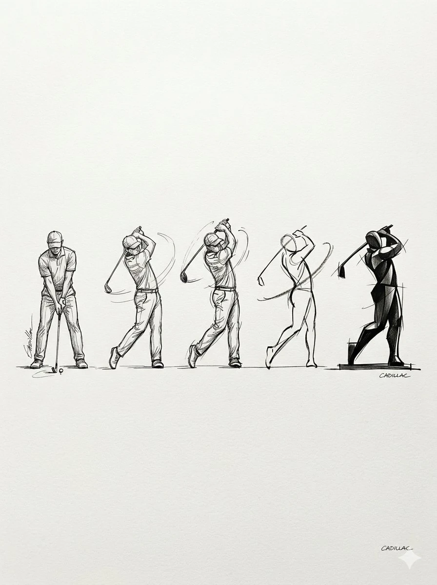 A series of five progressive golf swing sketches arranged horizontally fr...