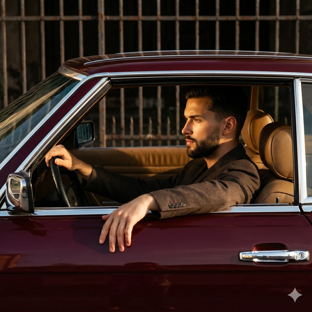 A young adult male model sits deliberately posed in profile, leaning slig...