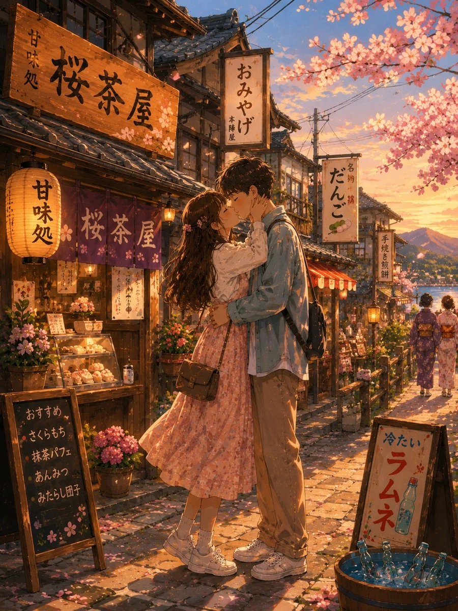 Cute romantic Japanese anime illustration of a young couple kissing on a...