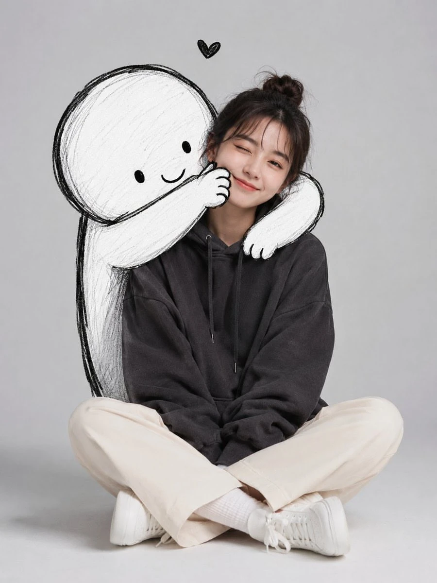 A cute minimalist portrait of a young woman sitting casually on the floor...