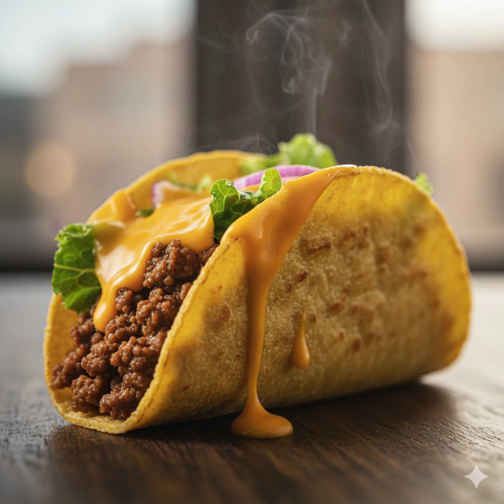 Macro food photography of a juicy beef tacos with melted cheddar cheese d...