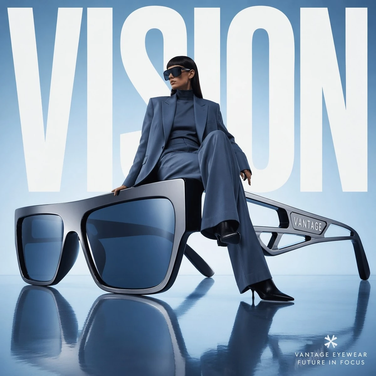 Avant-garde fashion advertisement, oversized futuristic sunglasses positi...