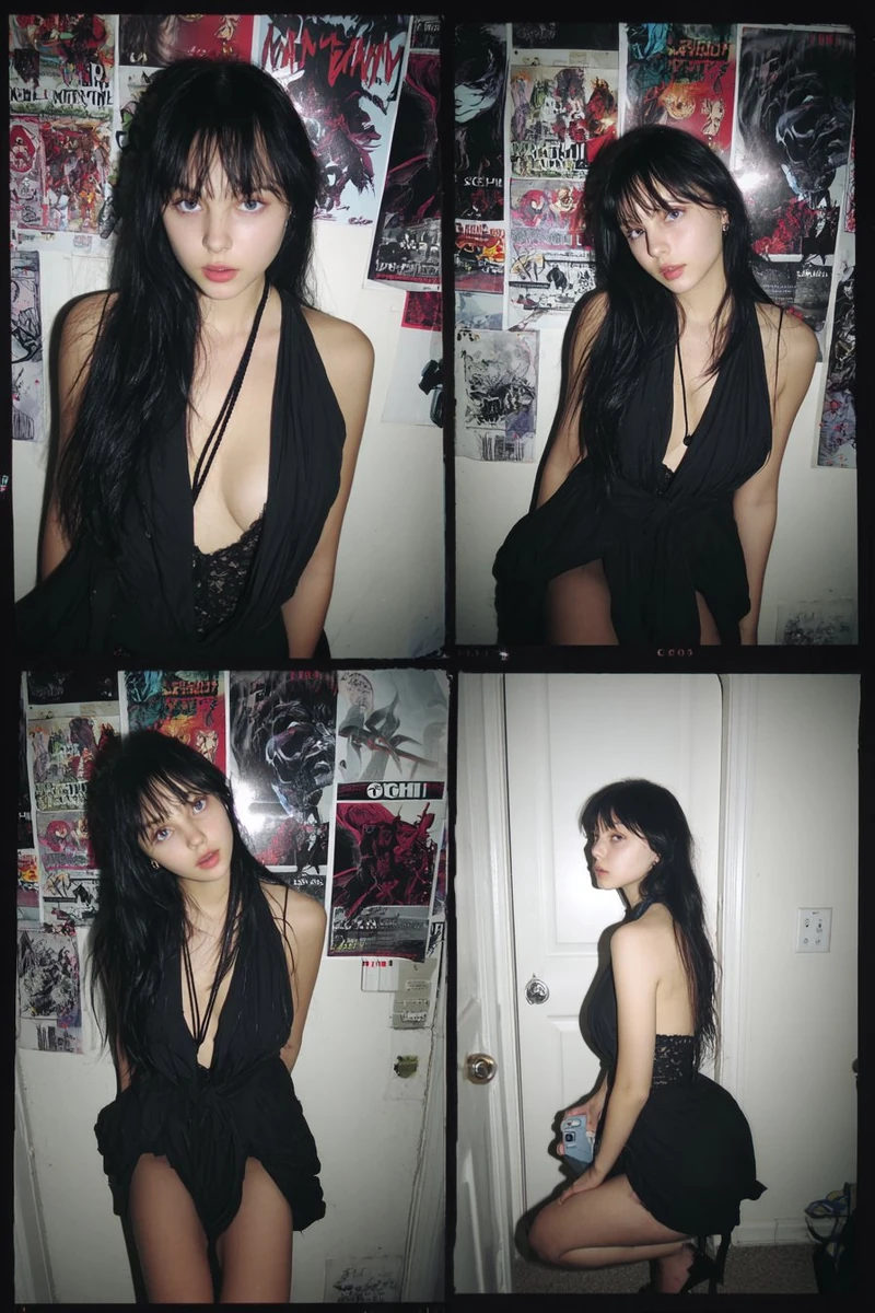 A 4 panel photo collage of a slender woman in her 20s, shot in a casual a...