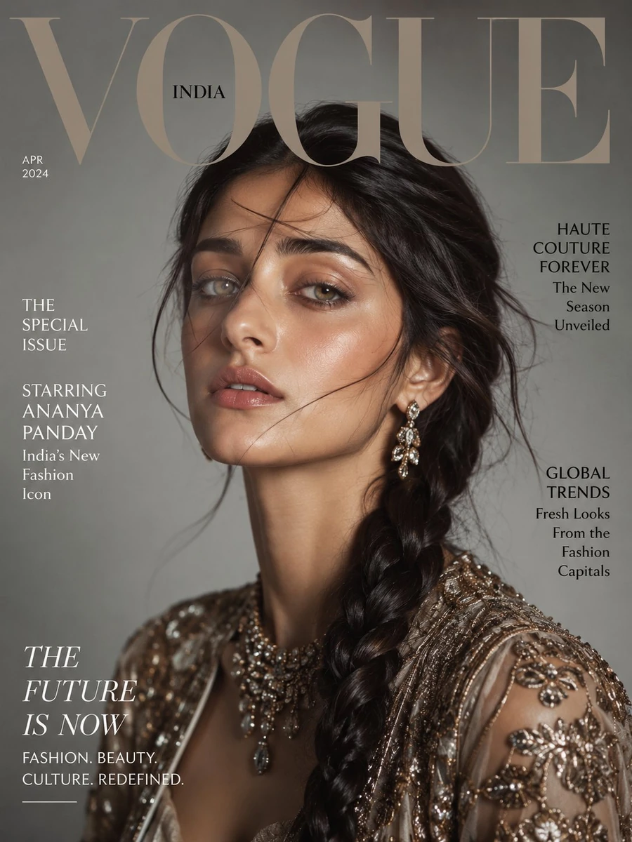 Ultra-realistic Vogue magazine cover portrait of a beautiful young woman...