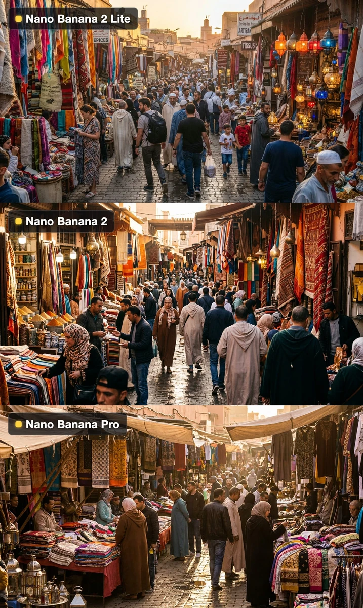 Busy outdoor street market at golden hour, dozens of vendors and colorful...