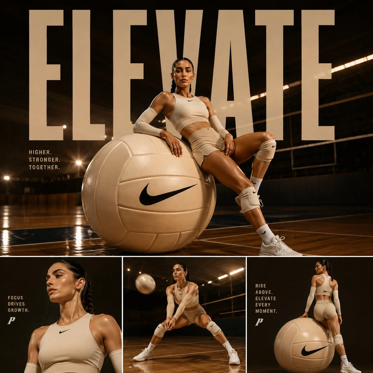 Luxury volleyball sports editorial poster in a three-panel magazine layou...