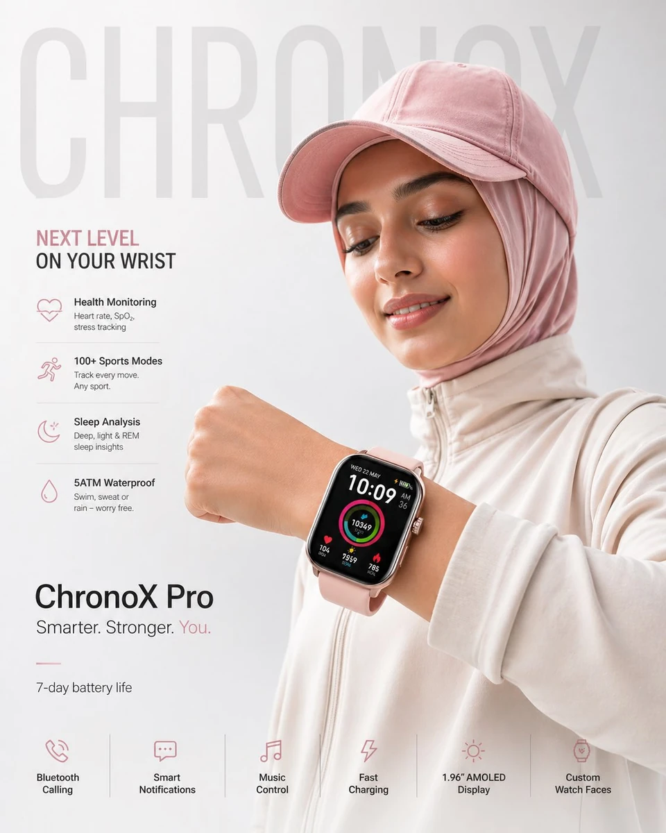 High-end minimalist product poster for “ChronoX Pro” smartwatch.