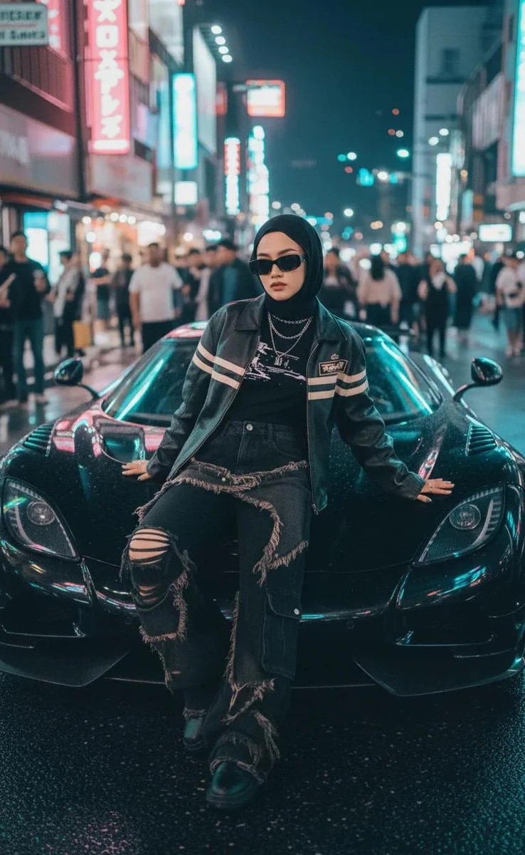 A stylish woman in a black hijab and sunglasses confidently leaning again...