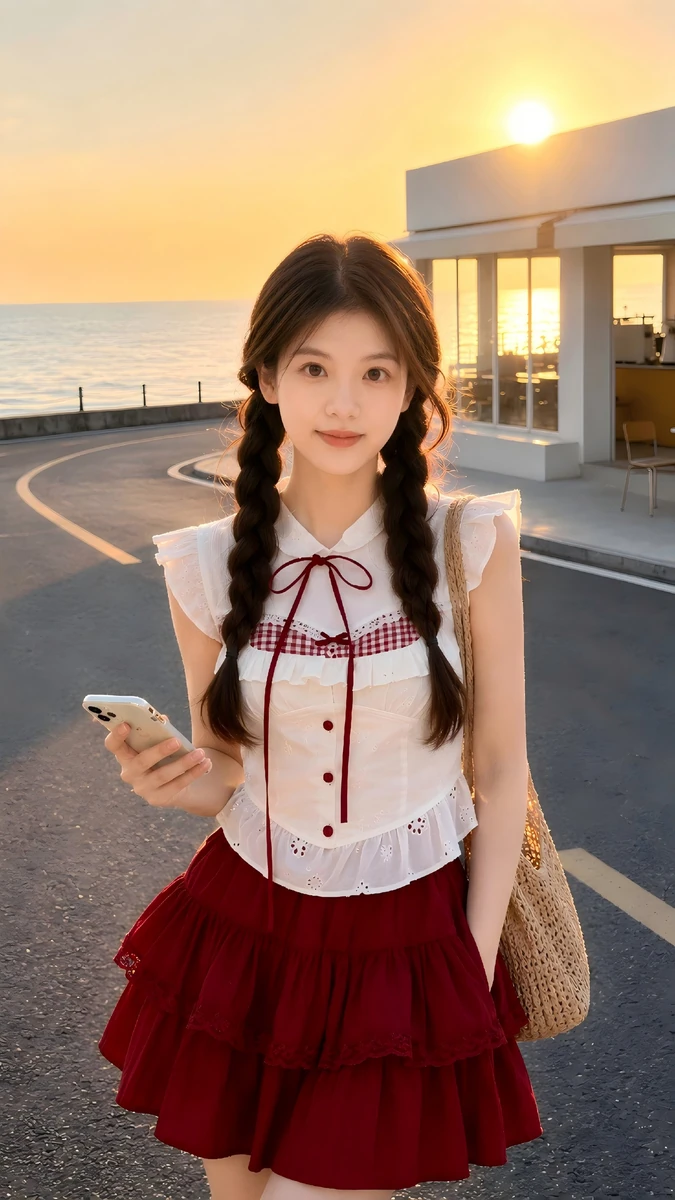 A golden-hour seaside street portrait
