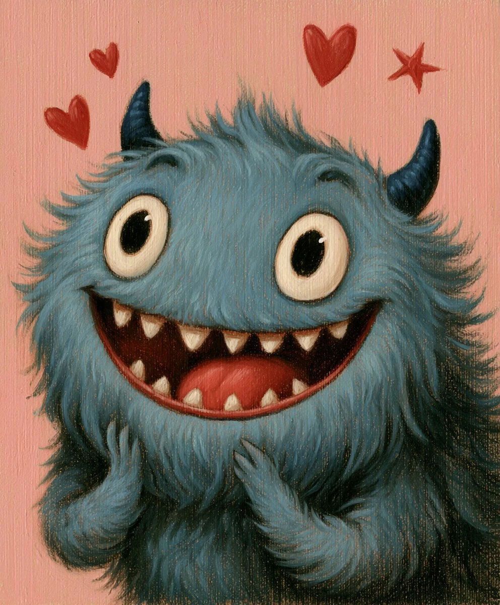 A close-up, medium shot captures a fluffy, blue, cartoon monster with a w...