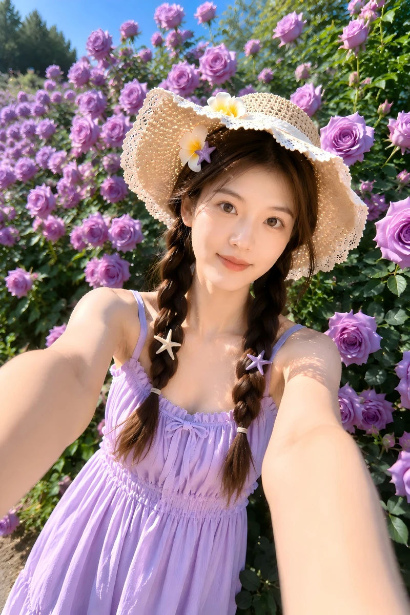A summer garden selfie surrounded by purple roses🌸