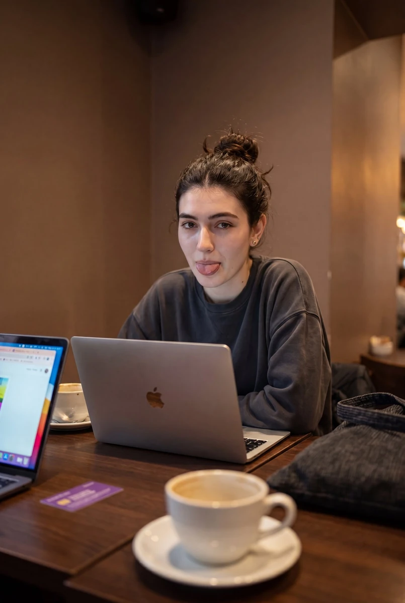 A candid, hyper-realistic indoor café scene featuring a young woman sitti...