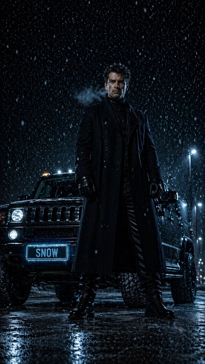 A powerful young man standing in front of a matte black Hummer H2 on a sn...